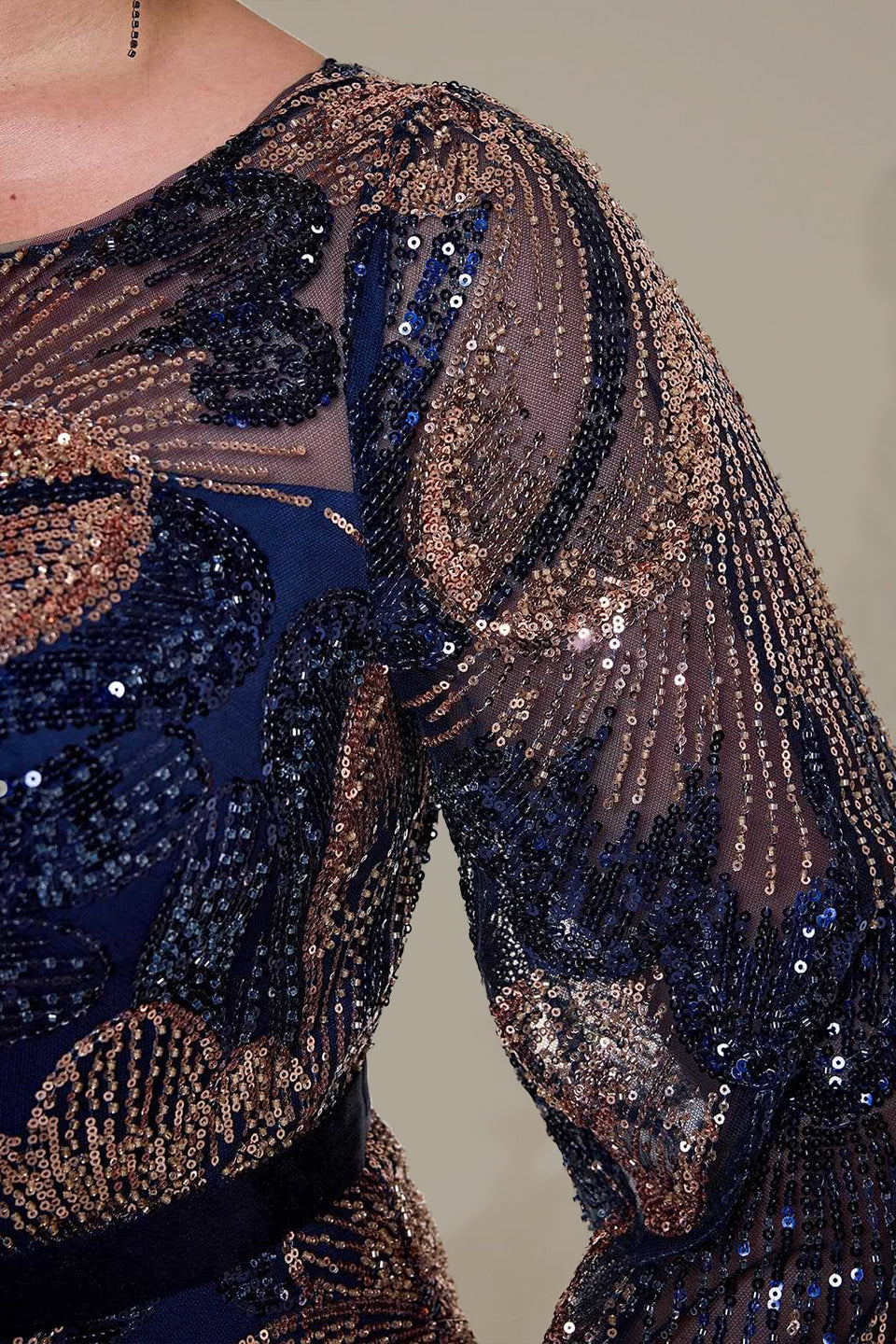 Curveins Plus Size Round Neck Long Sleeve Sequin Fishtail Maxi Dress