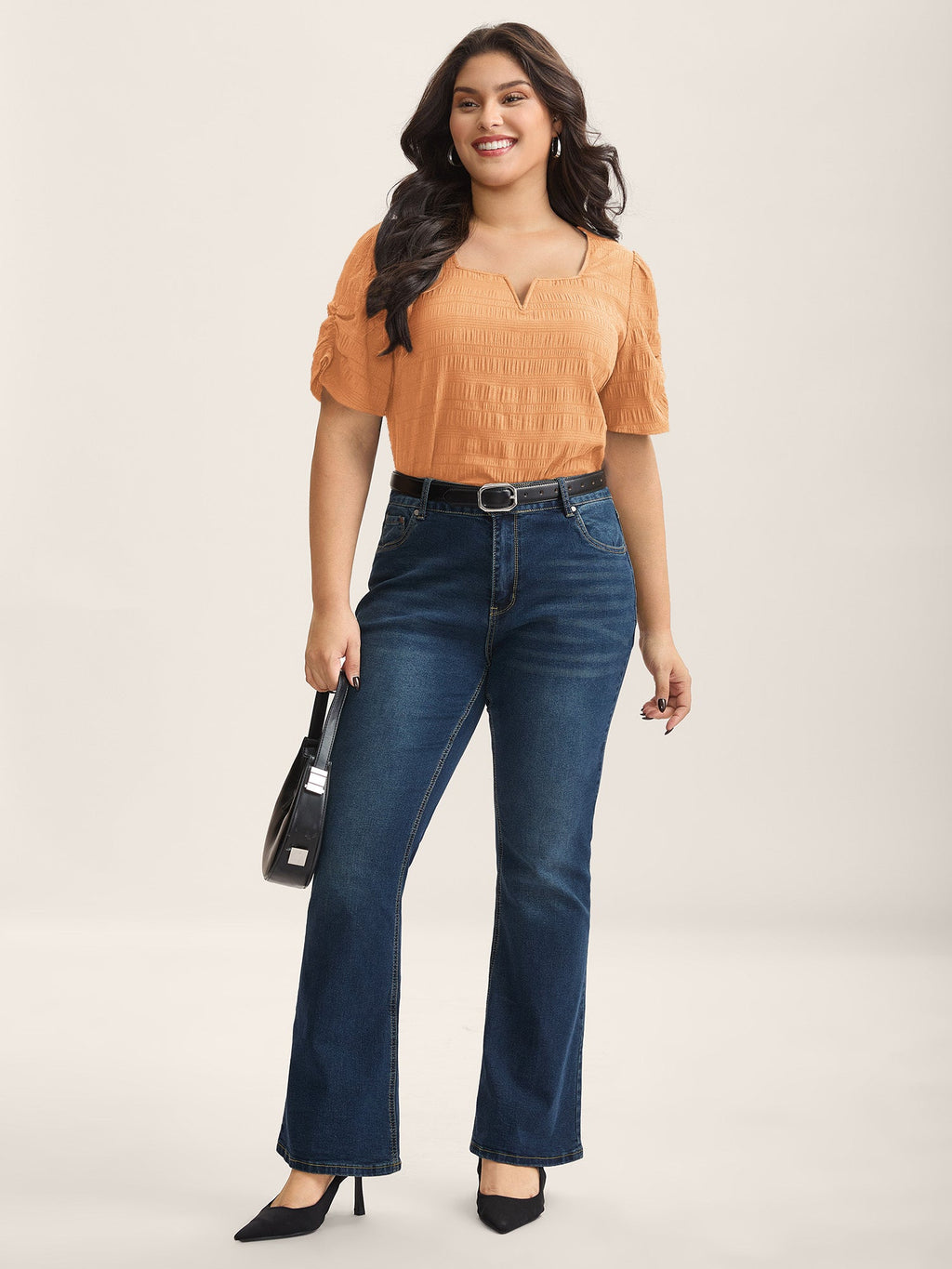 Textured Gathered Sleeve Split Neck Blouse