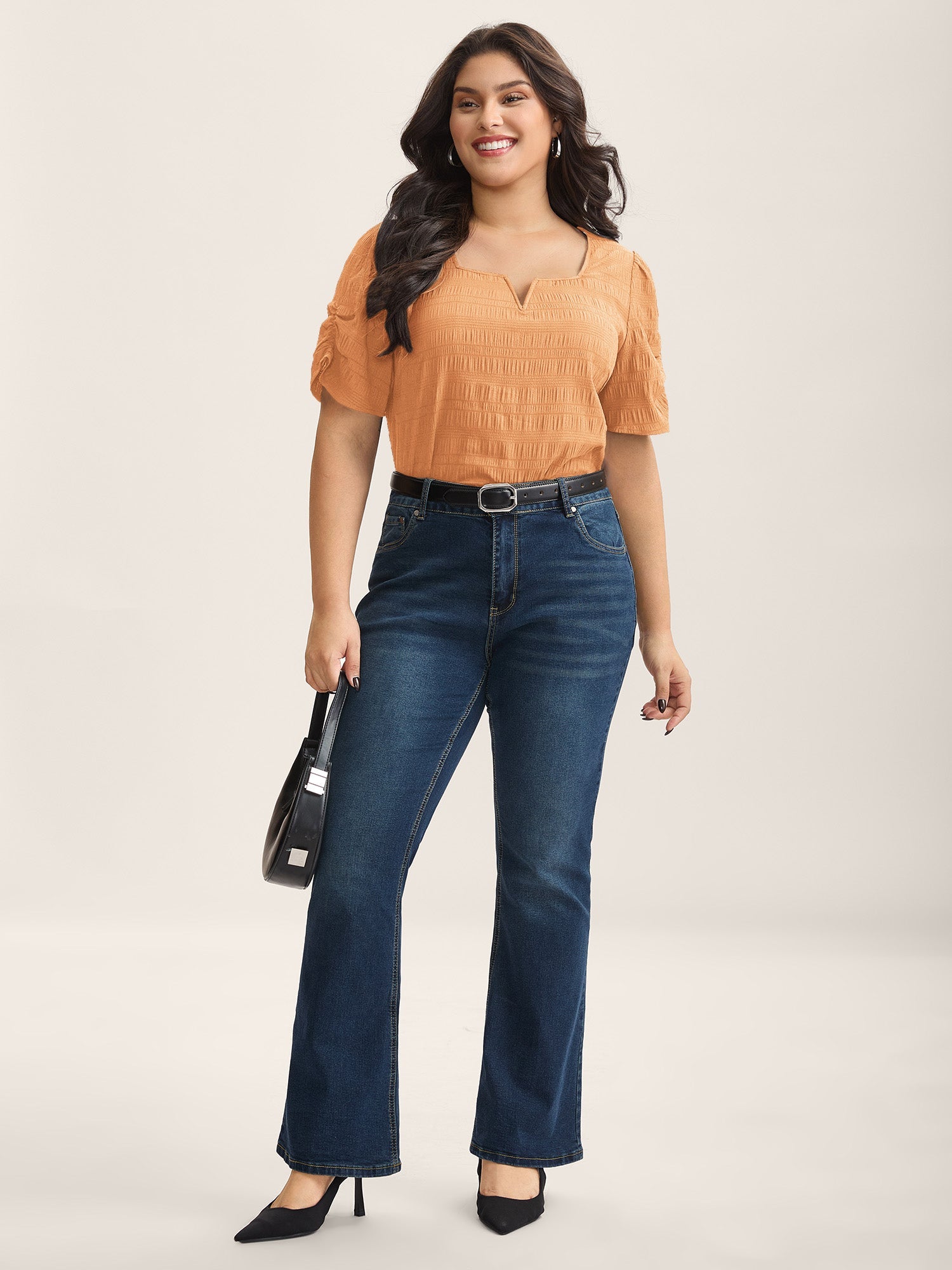 Textured Gathered Sleeve Split Neck Blouse