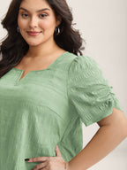 Textured Gathered Sleeve Split Neck Blouse