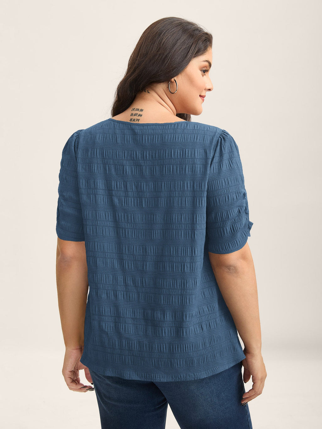Textured Gathered Sleeve Split Neck Blouse