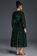 Curveins Plus Size V-Neck Flowy Bell Sleeves Pleated Velvet Midi Dress