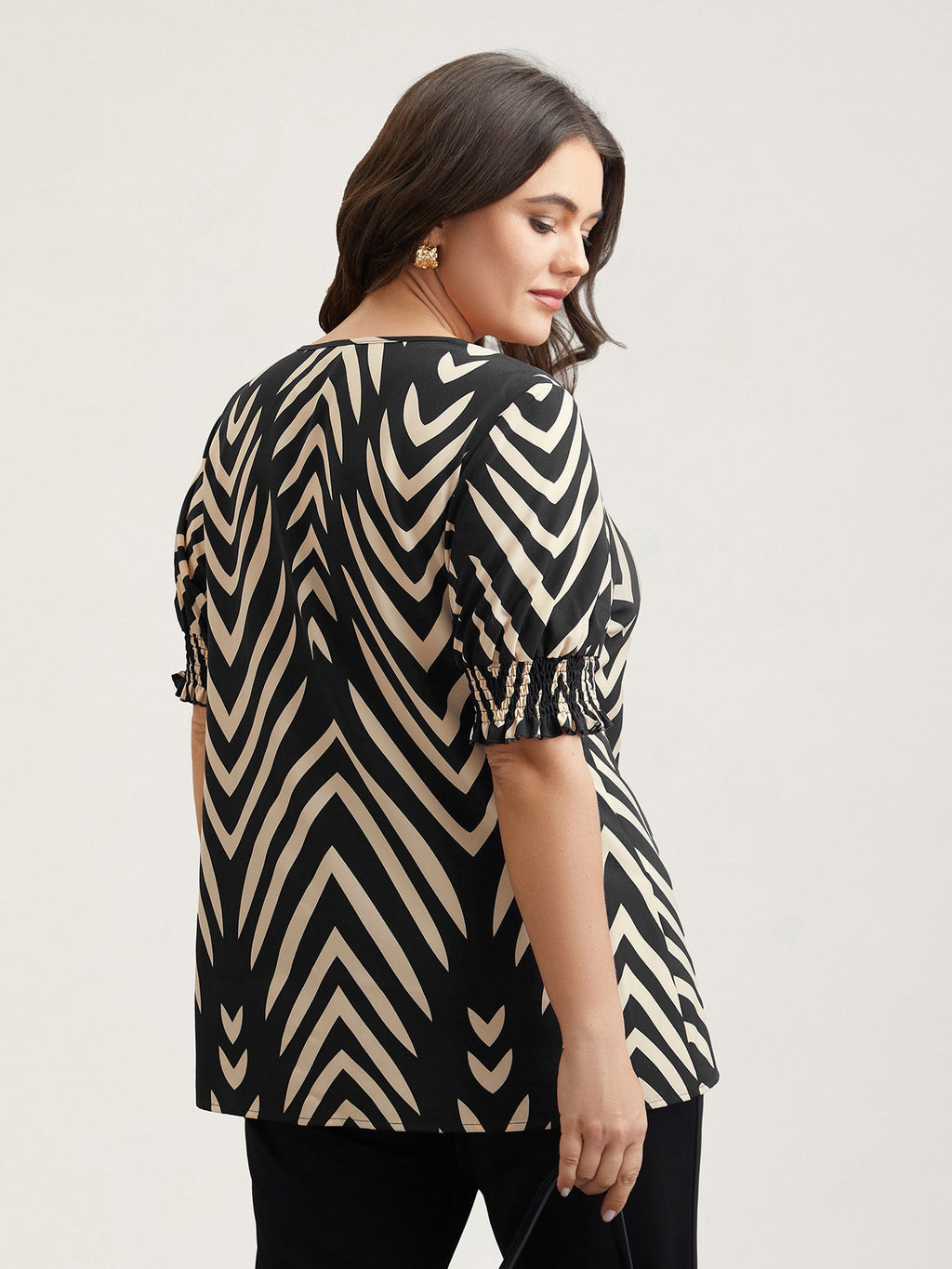 Geometric Print Ruffled Shirred Blouse