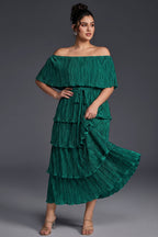 Curveins Plus Size Off-Shoulder Pleated Tiered Maxi Dress