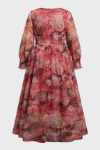 Curveins Plus Size V Neck Long Sleeve Floral Waist Maxi Dress