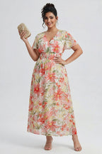 Curveins Plus Size V Neck Batwing Sleeve Cinched Waist Floral Pattern Maxi Dress