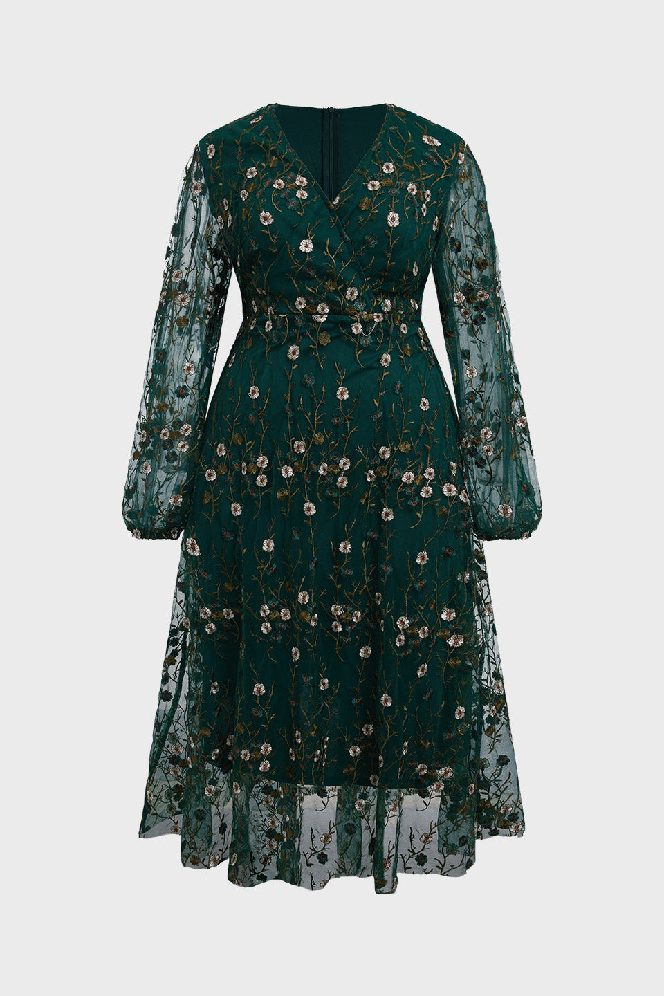 Curveins Plus Size V-Neck Ruffle Sleeve Embroidered Maxi Dress