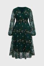 Curveins Plus Size V-Neck Ruffle Sleeve Embroidered Maxi Dress