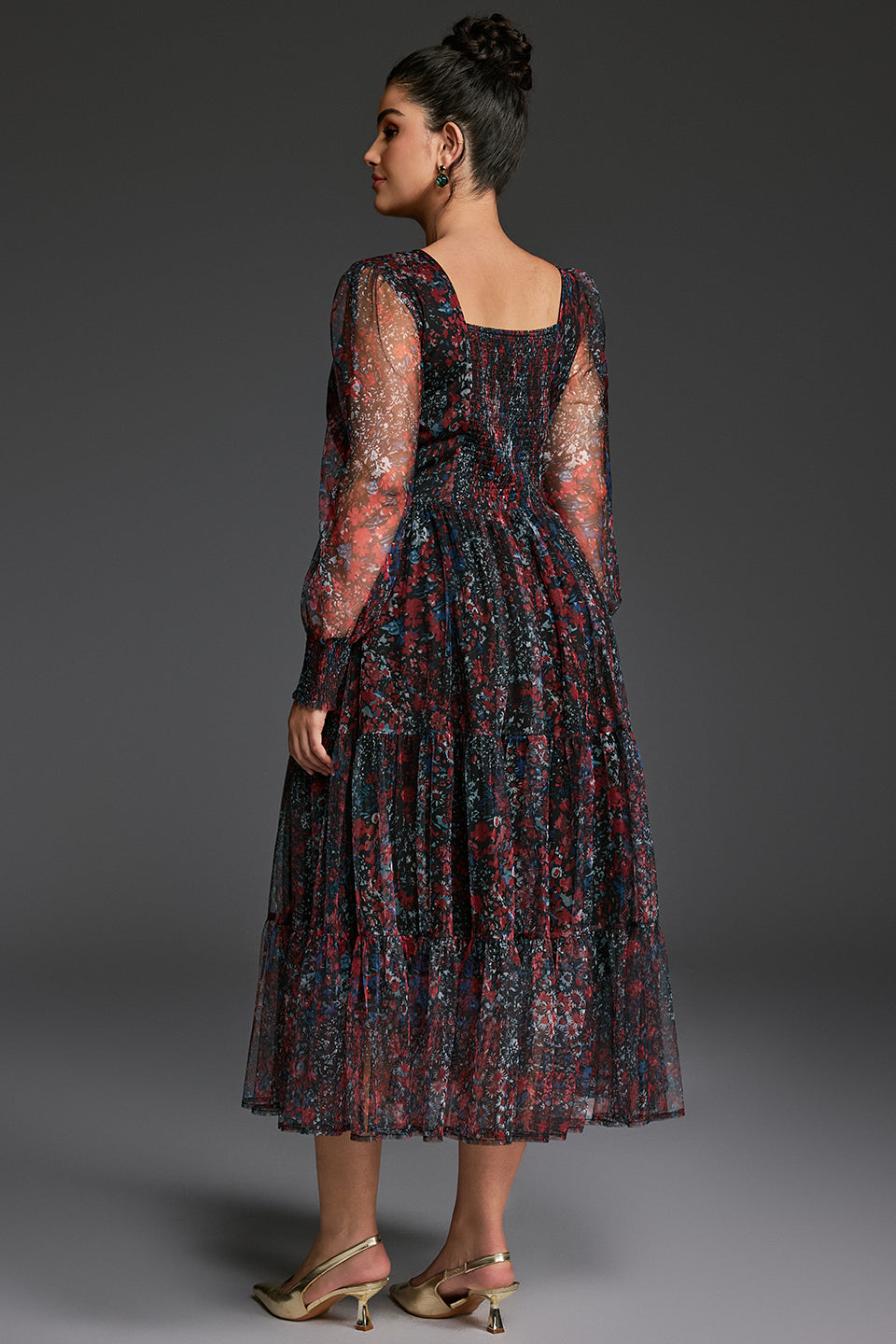 Curveins Plus Size V-Neck Floral Asymmetrical Hem Midi Dress