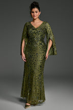 Curveins Plus Size V-Neck Long Sleeves Sequin Floral Bodycon Maxi Dress