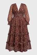 Curveins Plus Size V Neck Long Sleeve Floral Tiered Maxi Dress