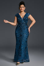 Curveins Plus Size V-neck and Waist Cinch Sequin Maxi Dress