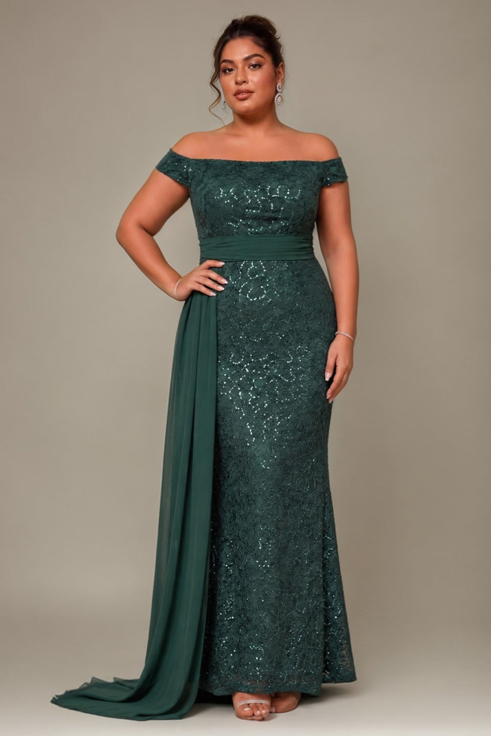 Curveins Plus Size Off Shoulder Sequin Waist Tie Elegant Evening Maxi Dress
