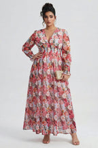 Curveins Plus Size V Neck Long Sleeve Floral Waist Maxi Dress