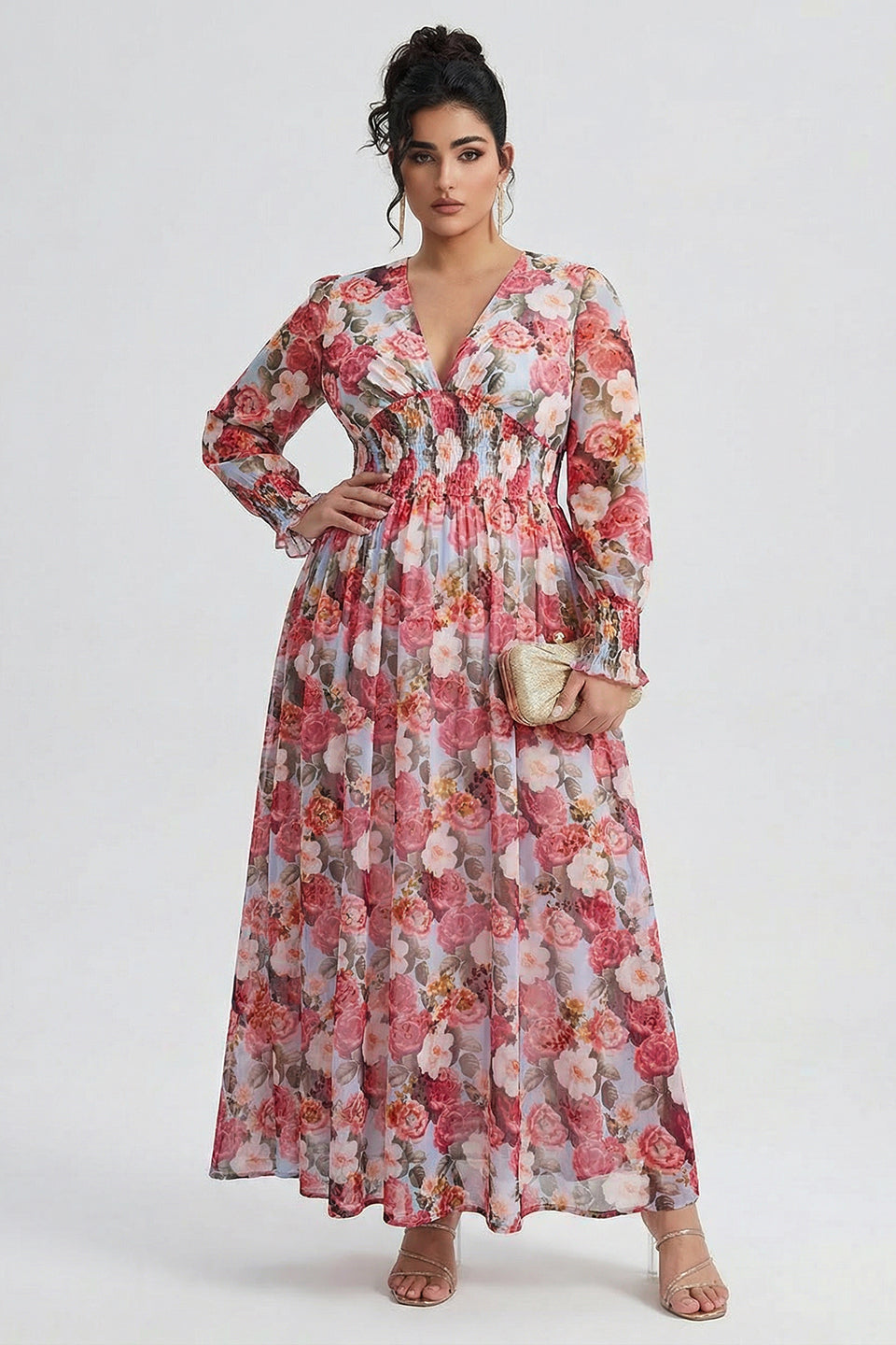 Curveins Plus Size V Neck Long Sleeve Floral Waist Maxi Dress