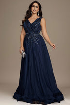 Curveins Elegant Plus Size V-Neck Sleeveless Glitter Pleated Evening Gown