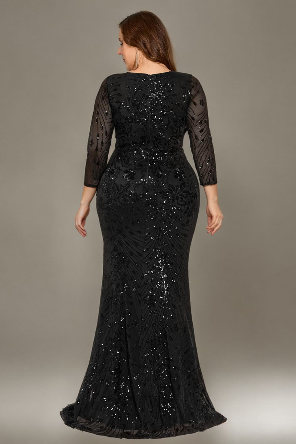 Curveins Plus Size V Neck Long Sleeve Sequin Floral Pattern Elegant Maxi Dress