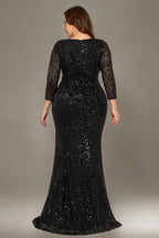 Curveins Plus Size V Neck Long Sleeve Sequin Floral Pattern Elegant Maxi Dress