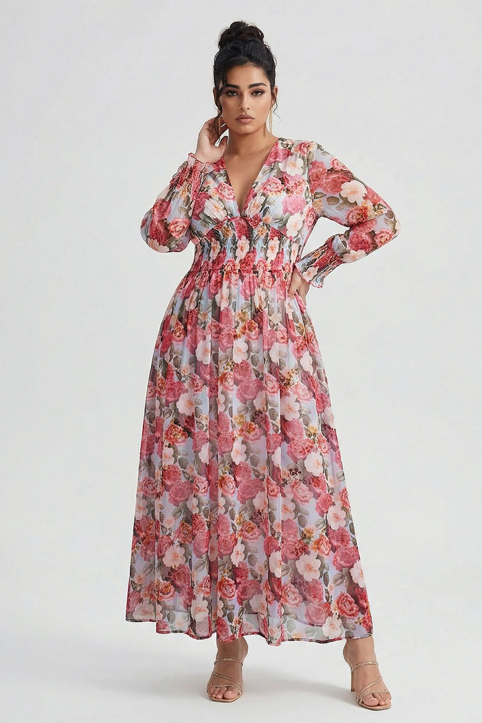 Curveins Plus Size V Neck Long Sleeve Floral Waist Maxi Dress