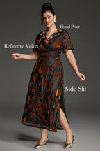 Curveins Plus Size Velvet Surplice Vintage Plain Maxi Dress