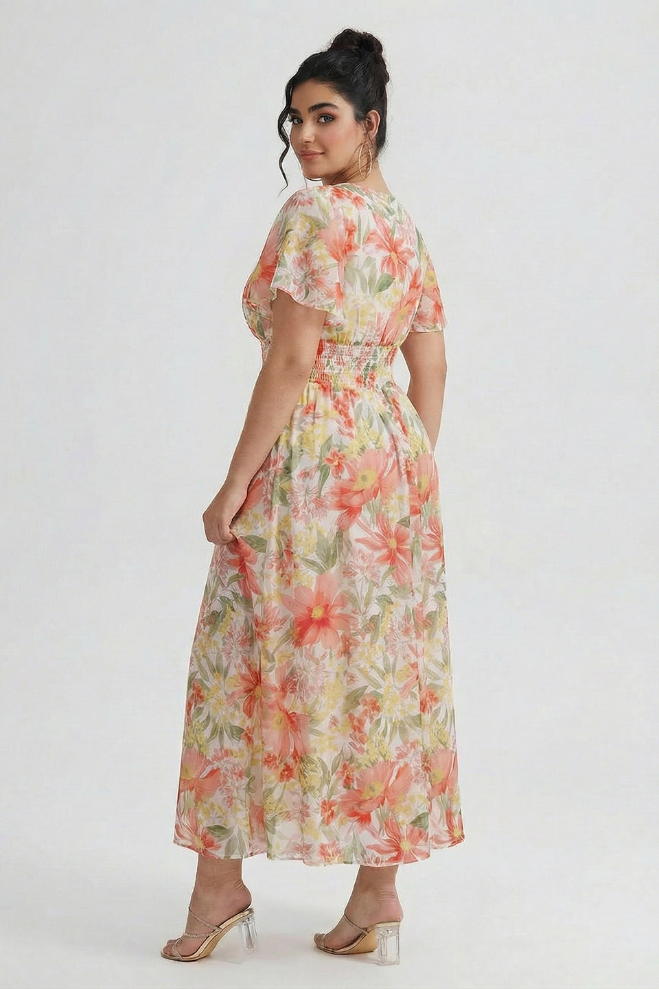 Curveins Plus Size V Neck Batwing Sleeve Cinched Waist Floral Pattern Maxi Dress