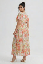 Curveins Plus Size V Neck Batwing Sleeve Cinched Waist Floral Pattern Maxi Dress