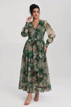 Curveins Plus Size V Neck Long Sleeve Floral Waist Maxi Dress