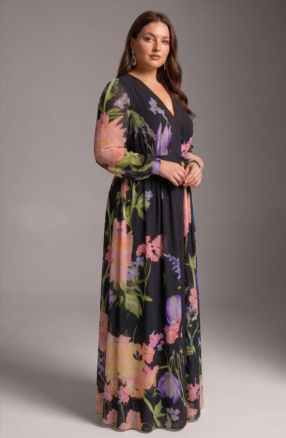 Curveins Plus Size V Neck Floral Long Sleeve Waist Tie Elegant Maxi Dress