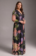 Curveins Plus Size V Neck Floral Long Sleeve Waist Tie Elegant Maxi Dress