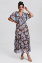 Curveins Plus Size V Neck Puff Sleeve Waist Defining Floral Print Elegant Maxi Dress