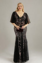 Curveins Plus Size V-Neck Batwing Sleeve Sequin Bodycon Maxi Dress