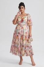 Curveins Plus Size V-Neck Flower Print Pleated Maxi Dress