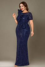 Curveins Plus Size Short Sleeve Bodycon Sequin Floral Pattern Maxi Dress
