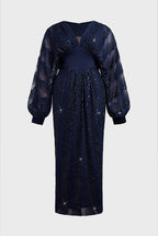 Curveins Plus Size V-Neck Sequin Balloon Sleeve Back-Slit Elegant Evening Maxi Dress