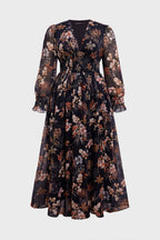 Curveins Plus Size V Neck Long Sleeve Floral Waist Maxi Dress