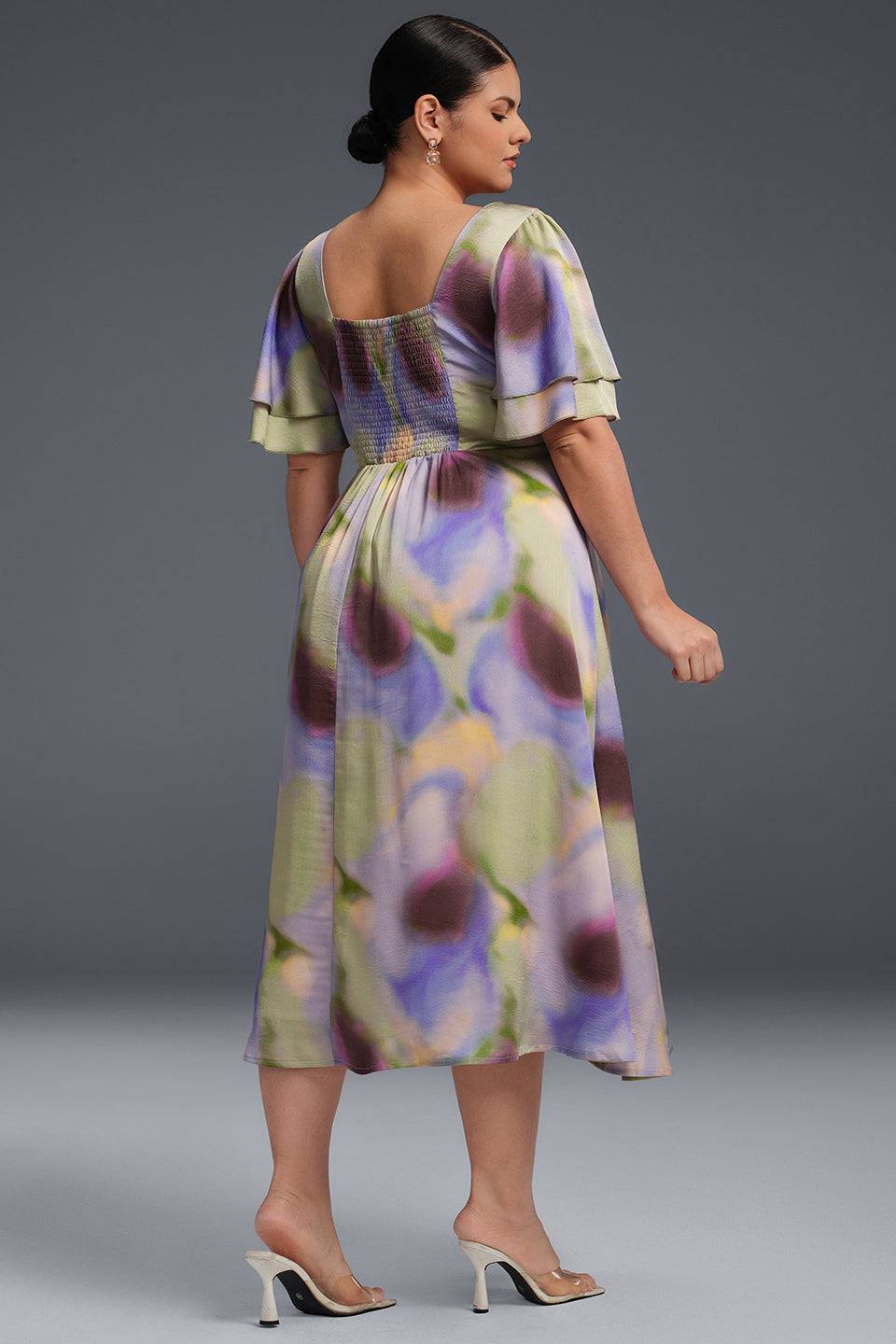Curveins Plus Size V-Neck Double-Layered Ruffle Sleeve Maxi Dress