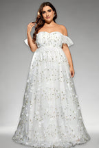 Curveins Plus Size Off-Shoulder Elegant Floral Detail Cinched-Waist Maxi Dress