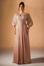 Curveins Plus Size V-Neck Puff Sleeve Sequin Maxi Dress with Cinched Waist