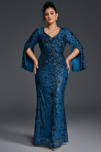 Curveins Plus Size V-Neck Long Sleeves Sequin Floral Bodycon Maxi Dress