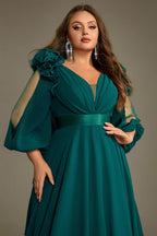 Curveins Plus Size Elegant V-Neck Batwing Sleeve Waist-Hugging Long Dress