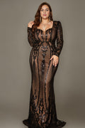 Curveins Elegant Plus Size V-Neck Floral Long Sleeve Sequin Bodycon Dress