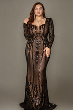 Curveins Elegant Plus Size V-Neck Floral Long Sleeve Sequin Bodycon Dress