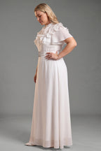 Curveins Plus Size Stand Collar Flare Sleeve Flowing A-Line Chiffon Maxi Dress