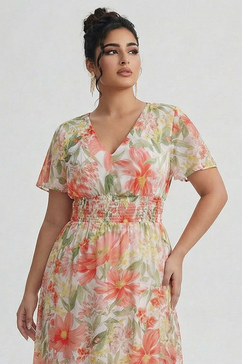 Curveins Plus Size V Neck Batwing Sleeve Cinched Waist Floral Pattern Maxi Dress