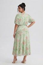 Curveins Plus Size V Neck Puff Sleeve Waist Defining Floral Print Elegant Maxi Dress