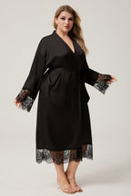 Curveins Plus Size Lace Trim Satin Chiffon Long Sleeve Soft Sleepwear Robe
