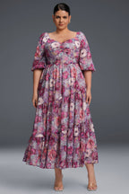Curveins Plus Size V-Neck Flower Print Pleated Maxi Dress