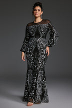 Curveins Plus Size Sheer Round Neck Puff Sleeve Patterned Sequin Bodycon Maxi Dress