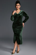 Curveins Plus Size V-Neck Long Sleeves Side Slit Bodycon Midi Dress