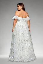 Curveins Plus Size Off-Shoulder Elegant Floral Detail Cinched-Waist Maxi Dress